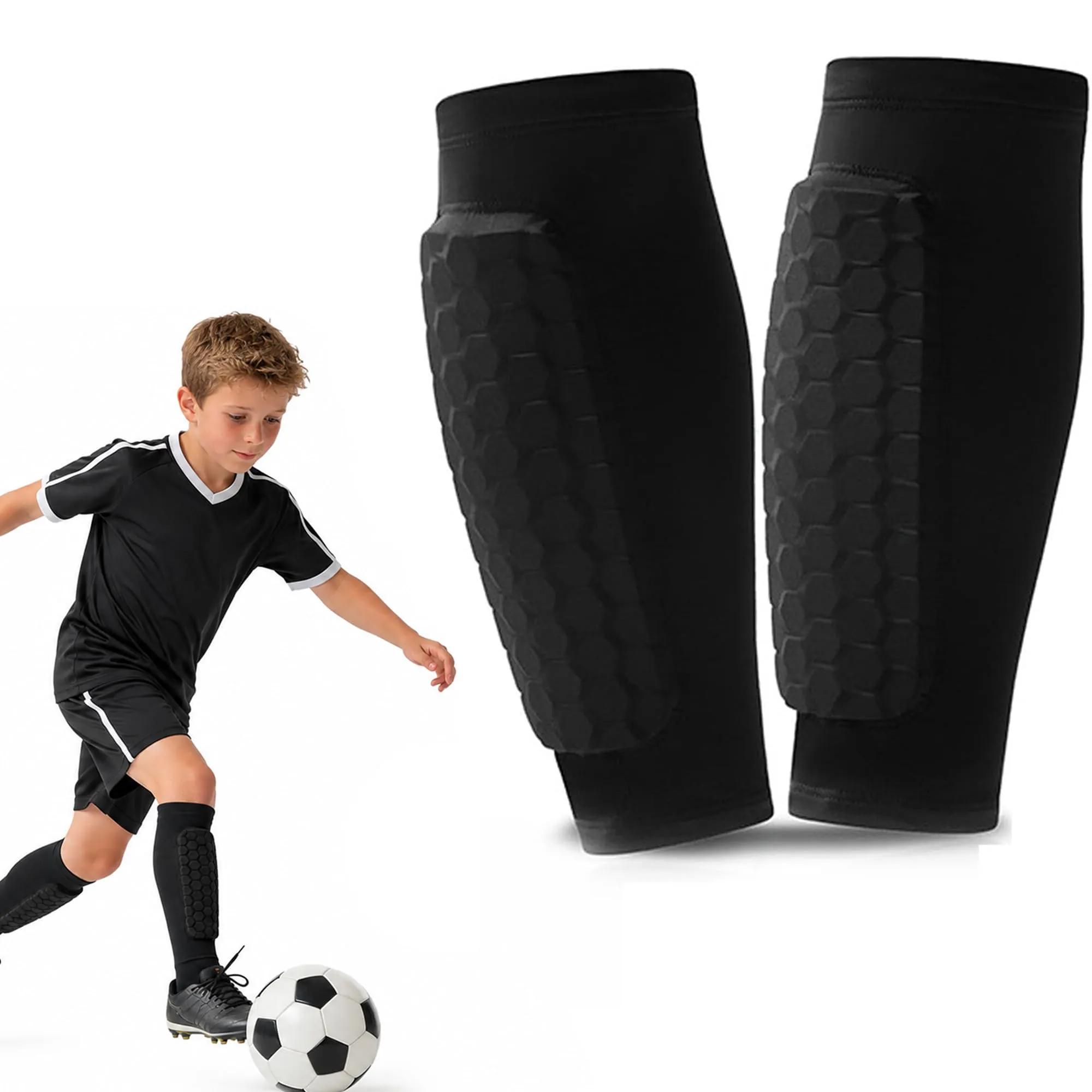 Youth Soccer Shin Guards, Honeycomb Shell, Two Straps (3-Pack)